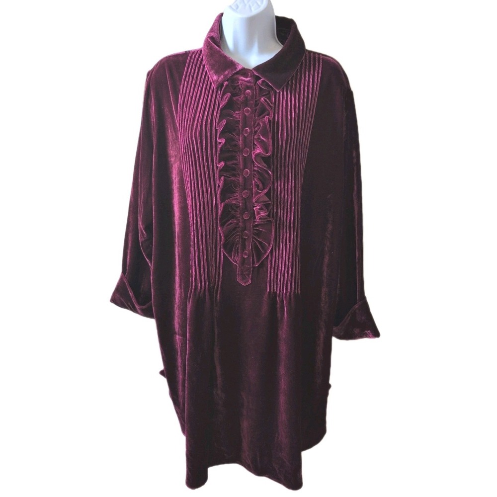 Soft Surroundings Verona Ruffle Pintuck Velvet Button Top Shirt Womens 2X - New